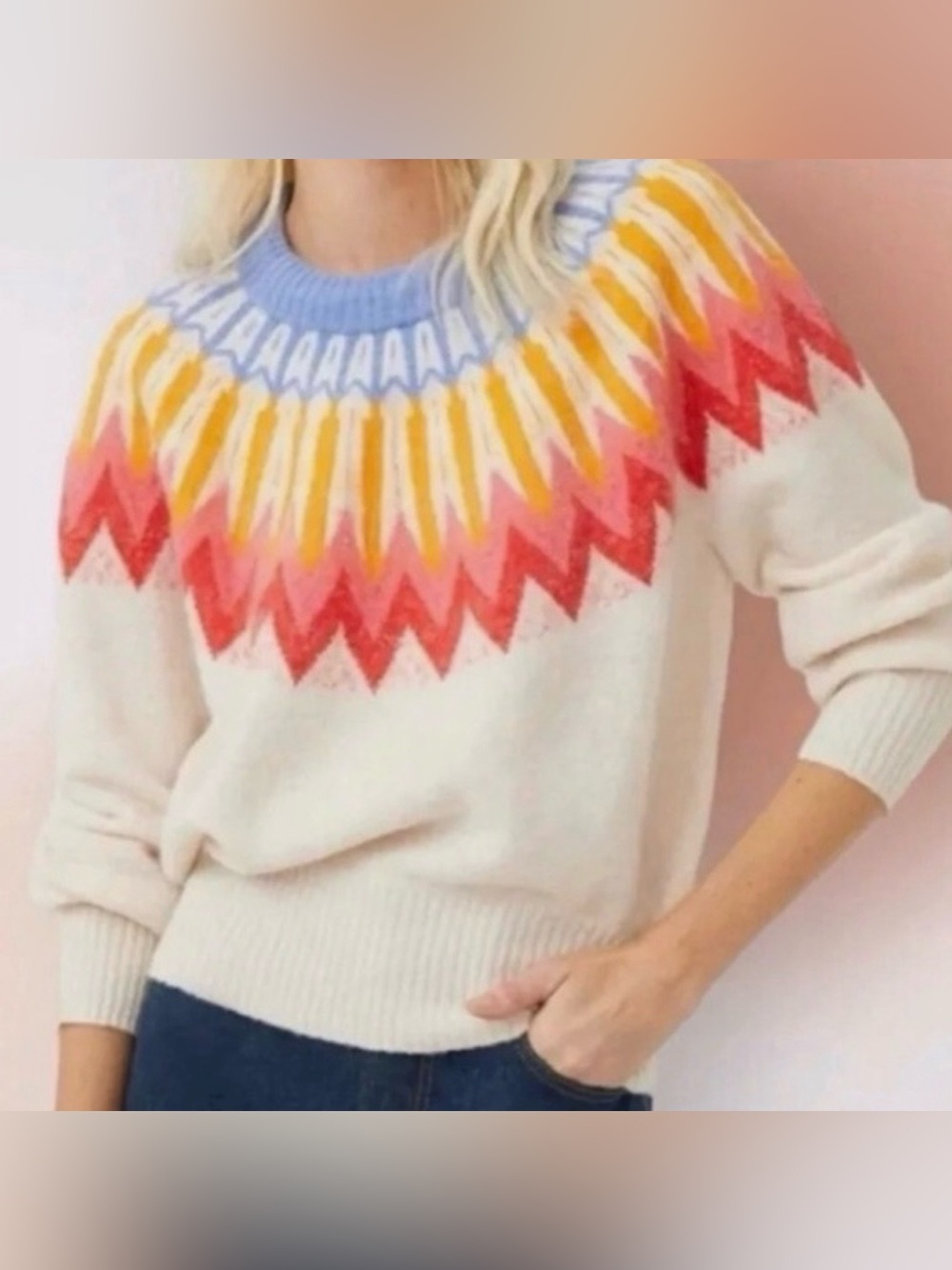 French Connection Fair Isle Nordic Crewneck Sweater, Size Large NWOT